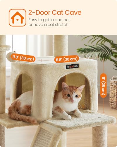 Feandrea Cat Tree, 37.8-Inch Cat Tower, Multi-Level Condo with Widened Perch, Scratching Posts and Ramp, 2-Door Cave, Hammock, Beige UPCT51M - color: Beige