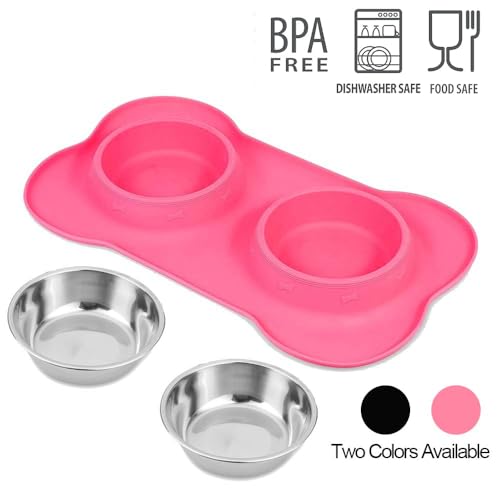 Dog Food Bowls Stainless Steel Pet Bowls & Dog Water Bowls with No-Spill and Non-Skid, Feeder Bowls with Dog Bowl Mat for Dogs Cats and Pets-Pink, 24 0z in Total - color: Pink, size: 1½ Cup/12 oz each