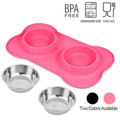 Dog Food Bowls Stainless Steel Pet Bowls & Dog Water Bowls with No-Spill and Non-Skid, Feeder Bowls with Dog Bowl Mat for Dogs Cats and Pets-Pink, 24 0z in Total - color: Pink, size: 1½ Cup/12 oz each