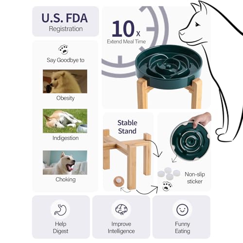 8.66 in Green Dog Bowl Ceramic Slow Feeder with Wood Stand for Small Medium Large Dogs, Elevated/Raised Slow Feeding Dog Dish to Slow Down Eating, Heavy Puppy Bowl for Fast Eaters - color: Green Slow Feeder