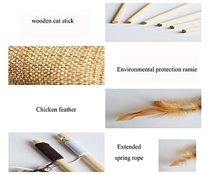 Artshu 6pcs 40cm Feather Linen Wand Cat Catcher Teaser Stick Interactive Toys Wood Rod Mouse Toy with Mini Bell