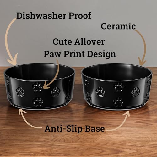 Ceramic Dog Bowl Set of 2 with Anti-Skid Base - 6.5" Wide x 2.5" Tall Ceramic Dog Bowls Medium Sized Dogs - 3.8 Cup Capacity Food and Water Bowls for Dogs - Rubber Bottom Pet Bowl Set of 2 Medium Size - color: Black, size: Medium
