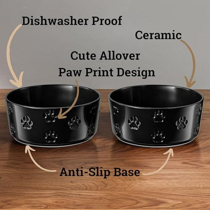 Ceramic Dog Bowl Set of 2 with Anti-Skid Base - 6.5" Wide x 2.5" Tall Ceramic Dog Bowls Medium Sized Dogs - 3.8 Cup Capacity Food and Water Bowls for Dogs - Rubber Bottom Pet Bowl Set of 2 Medium Size - color: Black, size: Medium