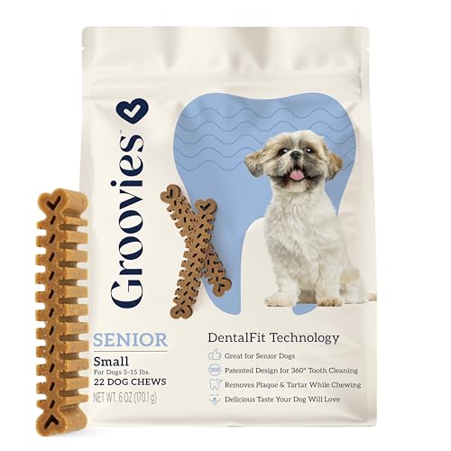 Groovies Senior Small Dog Dental Chews for Dogs, Patented DentalFit Technology for Plaque & Tartar Support, Flexible Texture for Easy Chewing, Chicken Flavor, USA Manufactured, 5–15 lb Dogs,22 Count - size: 6 Ounce