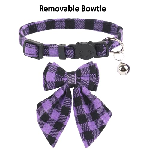 ADOGGYGO Halloween Cat Collars with Removable Bow Bell, 2 Pack Orange Purple Plaid Halloween Bowtie Collar for Cats Kittens - color: Orange&Purple-2
