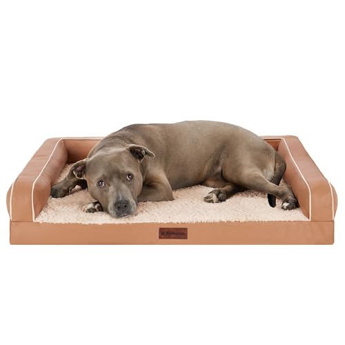 Furhaven Orthopedic Dog Sofa Bed – Memory Foam Couch with Bolsters, Textured Plush & Water-Resistant Cover, Washable Cover, Joint Support - Camel, Large - color: Camel, size: Large