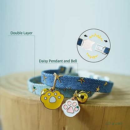 2 Pack Denim Breakaway Cat Collars with Bell Cat Paw Pendant Kitty Kitten Collars Blue Collar for Female Girl Cats Male Boy Cats Star Print - color: Blue