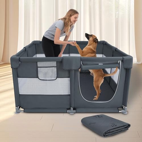 Dog Playpen Oxford Fabric Dog Fence with Washable Pee Pads,50 x 50 x 26 Inches,Steel Pipe,Breathable Mesh, Zipper Gate, Portable Indoor Outdoor Pet Fence Cage for Whelping,Dog Kennel Crate, Grey