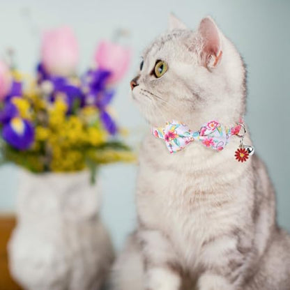 SCENEREAL Spring Cat Collar Breakaway with Bells, 2 Pack Cute Flower Pet Collar with Removable Bow Tie and Bandana, Adjustable Safety Buckle with Daisy Pendants for Girl Cats Kitten - color: Bandanas & Bow (Floral-White)