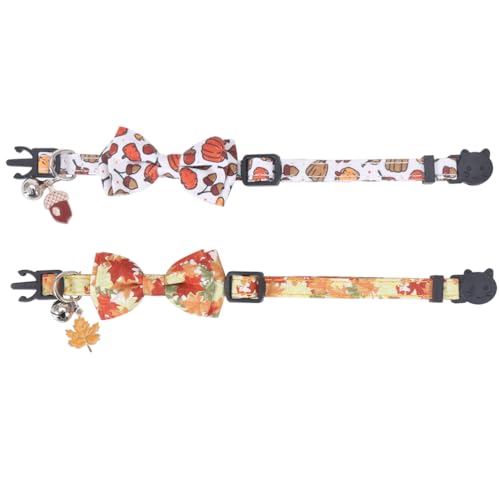 Thanksgiving Day Cat Collar Fall Breakaway with Bow Tie and Bell Autumn Holiday for Kitty Adjustable Safety - color: Maple leaf-bow