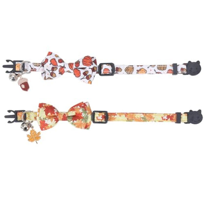 Thanksgiving Day Cat Collar Fall Breakaway with Bow Tie and Bell Autumn Holiday for Kitty Adjustable Safety - color: Maple leaf-bow