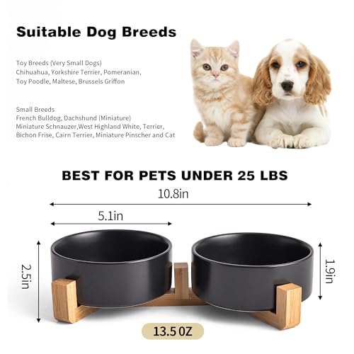 Mowtanco Black Ceramic Dog & Cat Bowl Set – 13.5 OZ with Wooden Stand, Non-Slip, Elevated Design for Small Dogs & Cats – 2 Bowls (Food & Water, Ceramic Pet Bowls, Modern Dog Bowls) - color: Black × 2
