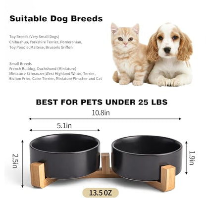 Mowtanco Black Ceramic Dog & Cat Bowl Set – 13.5 OZ with Wooden Stand, Non-Slip, Elevated Design for Small Dogs & Cats – 2 Bowls (Food & Water, Ceramic Pet Bowls, Modern Dog Bowls) - color: Black × 2