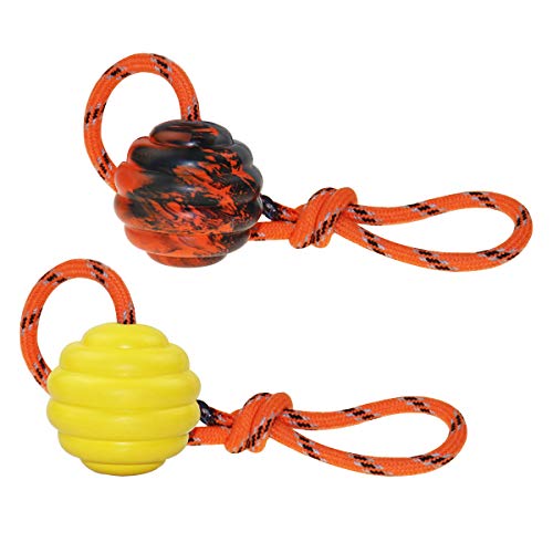 K9 Training Ball with Rope, Exercise and Reward Toy for Dogs - Indestructible Dog Toy Ball with Handle for Training Pull, Throw, Tug - Belgian Malinois Gifts - color: Orange and Yellow