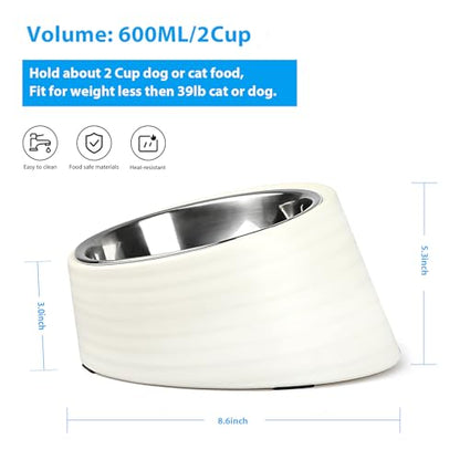 Uppetly Tilted Angle Dog Bowl, 15° Slanted Stainless Steel Dog Cat Food Bowl, Non-Slip & Non-Spill Pet Feeder with Elevated Detachable Melamine Stand, Easy to Get Food Dish, Large 2 Cup White - color: White-2Cup