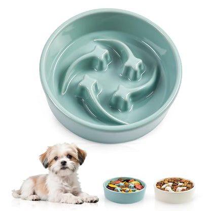 Ceramic Slow Feeder Dog Bowls, 0.6 Cups Dog Food Dish for Small and Medium Breed, Puzzle Dog Food Bowl for Fast Eater, 15OZ, 6.3 inch(Light Green) - color: Light Green-M