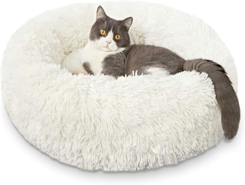 White Faux Fur Cat & Dog Beds 20 inches - Washable Dog Beds for Small Medium Dogs, Anti-Anxiety, Round Plush, Fluffy Thick Bottom - color: Cream, size: Medium