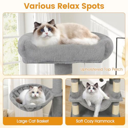PETSITE 66 Inches Tall Cat Tree, Multi-Level Cat Tower with Sisal Scratching Posts, Side Basket, 2 Comfy Condos, Hammock, Soft Padded Top Perch, and Hanging Balls, Ideal for Indoor Cats (Grey) - color: Grey