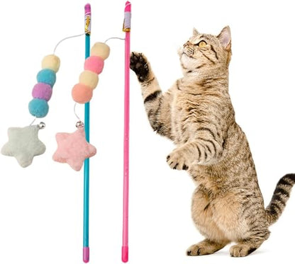 Cat Teaser Wand Toy with Plush Ball, Pink Elastic Rope, Star Pendant, Handmade Interactive Kitten Mice and Animals Toy