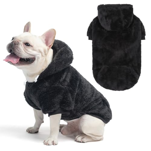 SCENEREAL Fleece Dog Sweaters Hoodie for Small Medium Large Dogs Girls Boys, Plush Fuzzy Dog Clothes Hoodies with Leash Hole, Winter/Fall Puppy Cold Weather Coat, Sherpa Hooded Sweatshirt, Black SM - color: Black, size: Small-Medium