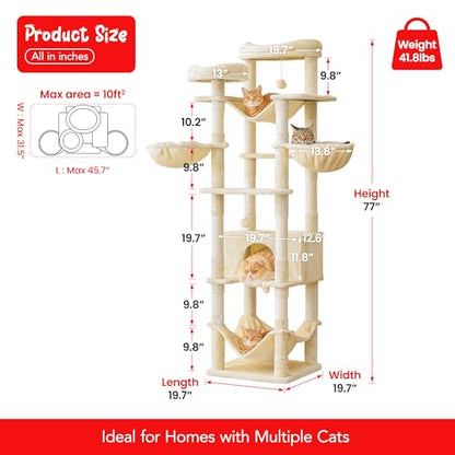 77-Inch Tall Cat Tree, Multi-Level Large Cat Tower with 4 Hammocks, 2 Padded Perches, Cat Condo, Sisal Scratching Posts and Hanging Toys for Adult Cats, Beige - color: Beige, size: XXL (19.7 x 19.7 x 77 Inches)
