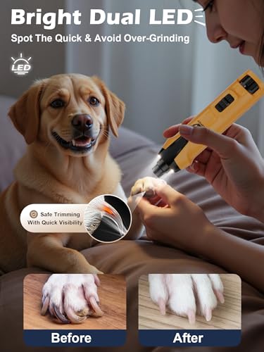 Casfuy 6-Speed Dog Nail Grinder – 50%+ Boost Power Dog Nail Trimmers Quiet with Dust Cap & 2 LED Lights & 2000mAh Battery & 4.8V Motor Electric Pet Toenail File Tool for Large Medium Small Dogs Cats - color: Yellow