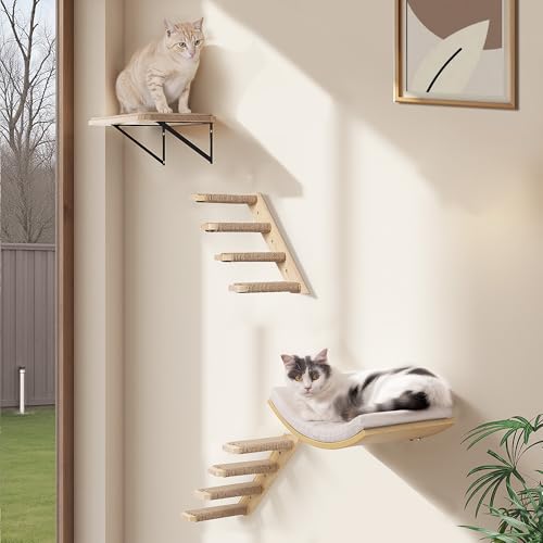2PCS Cat Wall Shelves with Scratching Mat, 16.6x9.7 Inch Solid Pine Wood Wall Mounted Kitten Floating Shelf, Window Perch Hammock, Cats Wall Furniture for Cats Sleeping, Playing, Climbing - color: Wood Shelf, size: Double Shelf (2 Pieces)