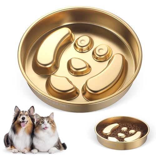 Golden Stainless Steel Slow Feeder Dog Bowls – Non-Slip Metal Dog Bowl for Large & Medium Breeds, Puppy Puzzle Feeder – 2 Cup Capacity for Small to Big Pets – Durable Slow Feed Dog & Cat Food Dish - color: Face-Golden
