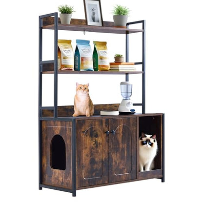 Garvee Cat Litter Box Enclosure with Shelves, 52'' Large Hidden Cats Furniture for Most Litter Box, Wood Enclosed Dog Proof Cat Kitty Cabinet with Scratch Mat Brown - color: Brown