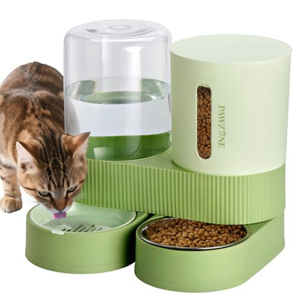 2 Pack Automatic Cat Feeder Stainless Steel Water Dispenser Gravity Food Feeder and Waterer Set with Pet Food Bowl for Small Medium Kitten Puppy Pets Large Capacity(Green) - color: Green