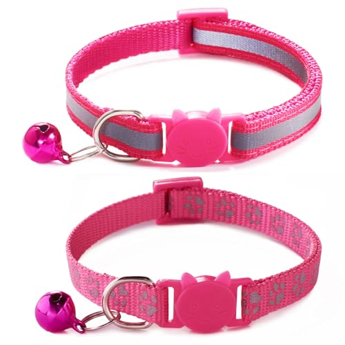 Reflective Cat Collar with Bells, [2 Pack] Hot Pink Break Away Kitten Collar with Bells, Breakaway Cat Collar for Girl Cats Kitty - color: Hot Pink