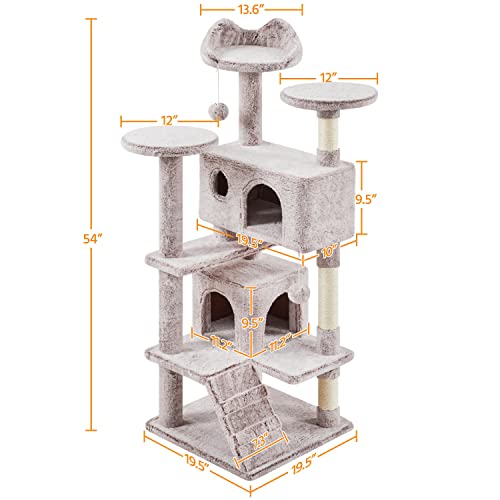 Yaheetech 54in Cat Tree, Cat Tower with Double Condo, Sisal Scratching Posts, and Dangling Balls, Pet Furniture Kitten Play House - color: Brown/White, size: 54in