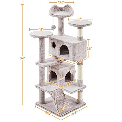 Yaheetech 54in Cat Tree, Cat Tower with Double Condo, Sisal Scratching Posts, and Dangling Balls, Pet Furniture Kitten Play House - color: Brown/White, size: 54in