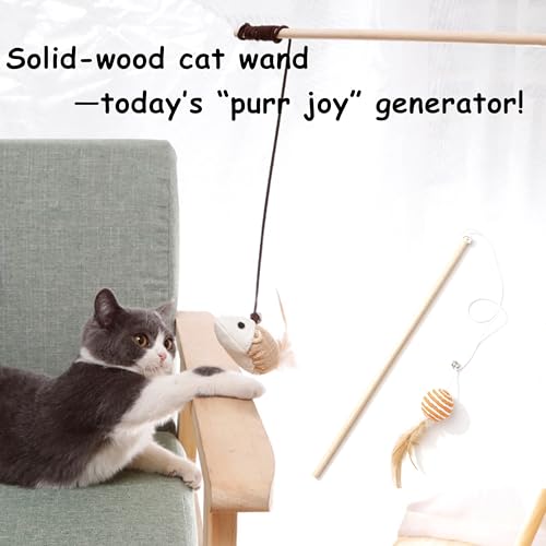 Cat Toy Wand 4-Pack – Interactive Cat Fishing Pole Toys with Wood Rod & Cotton Rope, Blue Beige Orange Variety