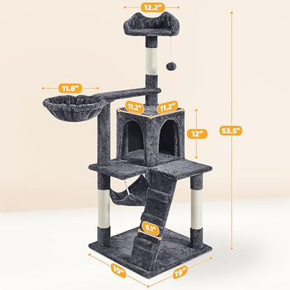 Yaheetech Cat Tree | 54-Inch Multi-Level Cat Tower | with 3 Scratching Posts, Plush Condo, Top Perch, Hammock & Climbing Ladder | Play House | for Indoor Cats | Dark Gray - color: Dark Gray