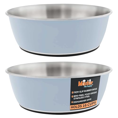 Master Pet Supply Stainless Steel Dog Bowls Set of 2 (128 Oz Each) with Non-Slip Rubber Base - Glacier Blue - Basic Dog Food Bowl Water & Food Bowls for Small Medium Large Dogs & Cats, Metal Dish - color: Glacier Blue, size: 16 Cups (128 oz) 2 Pack
