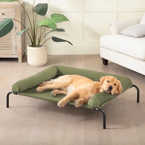 Cooling Elevated Dog Bed, Outdoor Raised Dog Beds, Medium Waterproof Dogs Cot W/Breathable Mesh, Pet Cot W/Portable Removable Bolster - color: Green, size: 36.0"L x 26.0"W x 8.0"Th