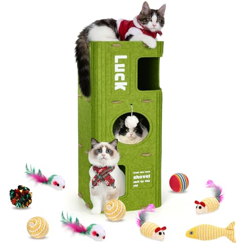 3-Storey Cat House for Indoor Use with 10 Pcs Sisal Toys Cube Cats Bed Cave Cat Houses 35.5 x 14.6 Inch Felt Scratch Resistant Cats Condos with Hideaway and Sisal Stuff for Indoor Multi-Cats Home