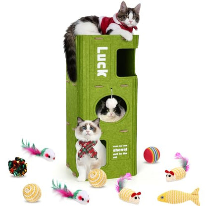 3-Storey Cat House for Indoor Use with 10 Pcs Sisal Toys Cube Cats Bed Cave Cat Houses 35.5 x 14.6 Inch Felt Scratch Resistant Cats Condos with Hideaway and Sisal Stuff for Indoor Multi-Cats Home