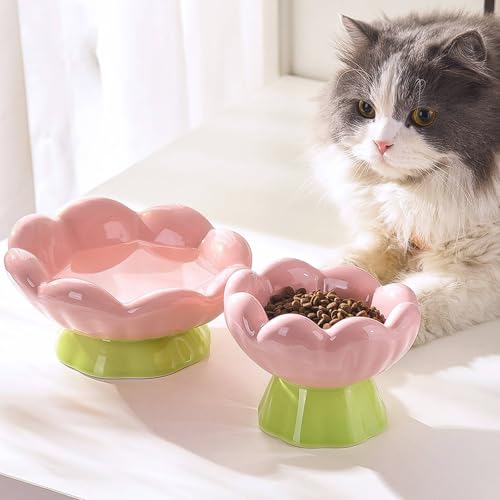 Ceramic Raised Cat Bowl, Shallow Wide, Anti-Vomiting and Whisker Fatigue, Non-Slip, Tilted Cute Flower Cat Food and Water Bowls for Indoor Cats or Small Dogs, Pink - size: Shallow Bowl