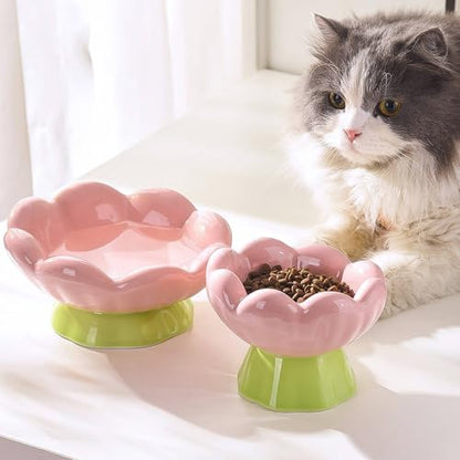 Ceramic Raised Cat Bowl, Shallow Wide, Anti-Vomiting and Whisker Fatigue, Non-Slip, Tilted Cute Flower Cat Food and Water Bowls for Indoor Cats or Small Dogs, Pink - size: Shallow Bowl