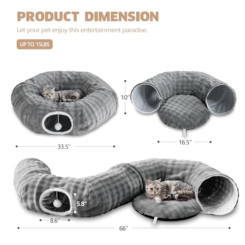 Bubble Cat Tunnel for Indoor Cats, Round Peekaboo Cave Toy with Dangling Balls, Donut Tunnel Bed with Circle Mat for Puppy Kitten Rabbit, Grey - color: Grey