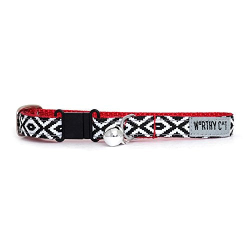 THE WORTHY DOG Patterned Kitim Cat Collar with Bell, Adjustable Nylon Safety Collar, Black/White, One Size - color: black