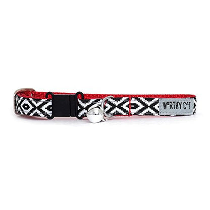 THE WORTHY DOG Patterned Kitim Cat Collar with Bell, Adjustable Nylon Safety Collar, Black/White, One Size - color: black