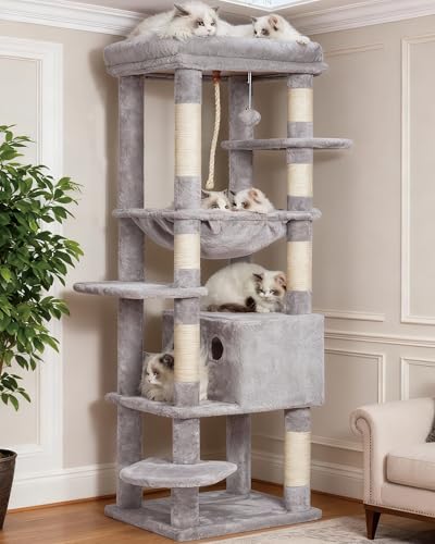 Heybly Cat Tree for Large Cats 20lbs Heavy Duty,60 inches XXL Cat Tower for Indoor Cats, Multi-Level Furniture Condo with Big Padded Plush Perch, Cozy Basket, Light Gray HCT050W - color: Light Gray, size: 60 inch