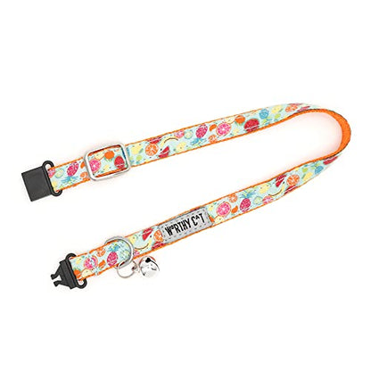 THE WORTHY DOG Tutti Frutti Cat Collar with Bell, Adjustable Nylon Safety Collar, Blue, One Size - color: Blue-Tutti Frutti