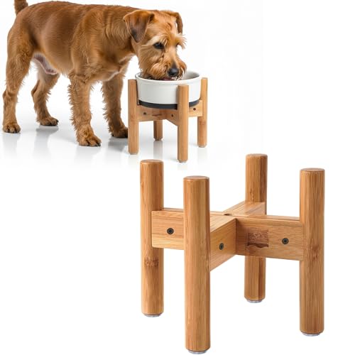 Dog Bowl Stand - Raise, Elevate Bowls to 9-inch High - Adjustable, Fits 6 up to 8-inch Medium Dog Food/Water Feeders, Dishes and Fountains - Durable Bamboo - color: Bamboo, size: For Medium Dogs - 9 inch Height