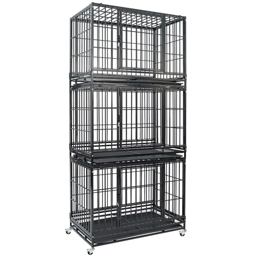 Three Levels 36 Inch Stackable Heavy Duty Dog Crate Cage Medium Sized Dog with Top Access, Basic Dog Crates for Small Medium Dogs 2 Door Dog Kennel Indoor with Tray and Wheels - size: 36 Inch-3 Pack