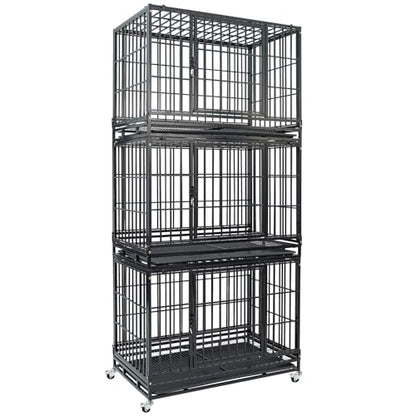 Three Levels 36 Inch Stackable Heavy Duty Dog Crate Cage Medium Sized Dog with Top Access, Basic Dog Crates for Small Medium Dogs 2 Door Dog Kennel Indoor with Tray and Wheels - size: 36 Inch-3 Pack