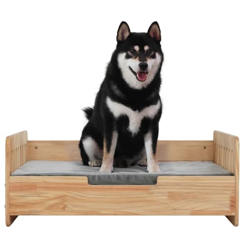 Elevated Dog Bed for Small to Medium Dogs – 32” x 21” Indoor Wooden Pet Sofa with Soft Cushion, Mid-Century Modern Style, Sturdy & Stylish (Natural) - color: Pine Wood